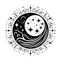 Black and white celestial illustration featuring a crescent moon adorned with stars, cloud details and a radial burst. vector