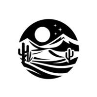 Black and white circular minimalist desert landscape with mountains, cacti, sun, and stars, conveying a serene and peaceful aesthetic. vector