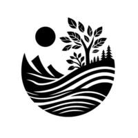A serene, minimalist blackandwhite nature scene set inside a circle, featuring mountains, sun, trees, and flowing water. vector