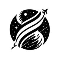 A stylized black and white illustration depicts a jet soaring through a celestial sphere, creating an imaginative visual narrative. vector