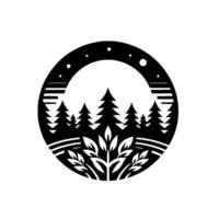 Silhouette of a Forest Scene within a Circle Pine Trees, Bushes, Stars, and Strips Against a White Background. vector