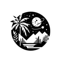 Black and white circular landscape, with a palm tree, a planetary night sky, mountains, and a city skyline in a minimalist retro style. vector