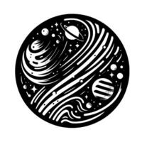 Monochrome Celestial Circle A stylized cosmic illustration featuring swirling galaxies, planets, stars, and a ringed planet within a black circle. vector