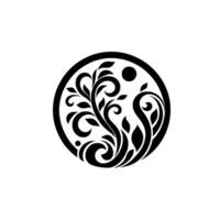 Stylized Black Floral in a Circle Elegant, Symmetrical, and Ornamental Artwork with Leaves, Swirls, and Orbs. vector