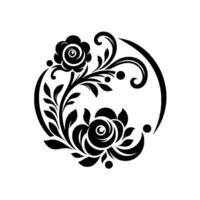 Intricate floral emblem in black and white, featuring stylized roses, leaves, and swirling vines encircled by a partial frame. vector