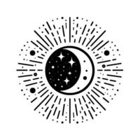 Celestial Emblem Crescent Moon and Starry Cosmos, Radiating Energy with Abstract Bursting Lines and Dots in Monochromatic . vector