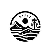 Minimalist Circular Depicting Desert Landscape Mountains, Sun, Palm Trees in Black and White, . vector