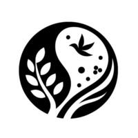 YinYang Inspired Emblem Black and White Harmony featuring a Bird, Leaves, and Berrylike Elements within a Circle. vector