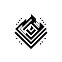 Geometric abstract composed of layered angular shapes with inner labyrinth and border dots, on a stark white background. vector
