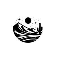 A stylized black and white landscape within a circle, featuring mountains, desert, cactus, moon, and stars, evoking a minimalist aesthetic. vector