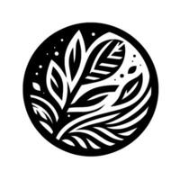 A minimalist circular with white stylized leaves and foliage against a black background, accentuated with scattered dots. vector