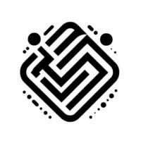 A minimalist black and white geometric featuring a mazelike structure within a rounded square, accented by small circles and dashes. vector
