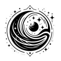 Black and white celestial featuring a stylized crescent moon, starscape within a circular frame, and minimalist decorative elements. vector