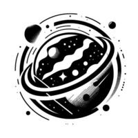 Monochromatic cosmic illustration of a galaxy with wavy internal structures, surrounded by orbiting bodies and elliptical rings. vector