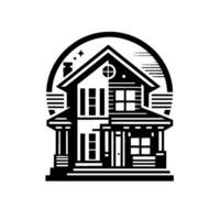 Black and white illustration of a charming twostory house with a porch, set within a circular frame with star details. vector