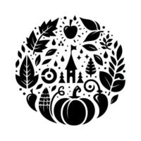 A black and white circular illustration depicting a harvestthemed arrangement with a pumpkin, apple, corn, and a castle. vector