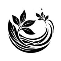 Elegant, Black and White Circular Featuring Stylized Leaves, Flowing Lines, and a Starry Element. A Modern NatureInspired . vector