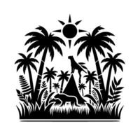 Black and White Silhouette of a Jungle Scene Featuring Palm Trees, Panthers, and a Sun Over Lush Vegetation. vector