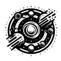 Stylized Black and White Astronomical Illustration A Geometric Solar System with Planets, Stars, and a Central Galaxy or Nebula, within concentric circular bands. vector