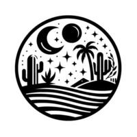 Black and white desert night scene in a circular frame, featuring cacti, palm tree, moon, stars and a stylized landscape. vector