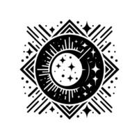 Abstract Black and White Celestial Mandala, Featuring Crescent Moon, Stars, Rays, Geometric Pattern, and Symbolic on White Background. vector