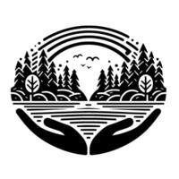 Black and White Nature Scene Held in Hands Forests, Rainbow, Birds, and Water, Symbolizing Protection. vector
