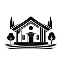 Minimalist black and white illustration of a house, trees, and a cross, conveying serenity and modern simplicity. vector