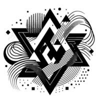 Intricate monochrome geometric featuring triangles, diamonds, curves, lines, dots, and a circle, arranged in a complex, dynamic composition. vector