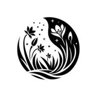 Stylized Black and White Floral with Various Flowers, Grasses, and Abstract Symbols Inside a LunarShaped Frame. vector