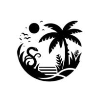 Black and white circular illustration of a tropical scene featuring a snake, palm tree, birds, sun, and plants. vector