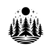 Stylized black and white minimalist illustration featuring silhouetted pine trees, moon, and stars set within a circular border, capturing a serene nighttime forest scene. vector