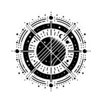 Intricate Celestial Mandala Black White Geometric Featuring Starry Sphere, Crescent Moon, Lines, and Dot Elements. vector
