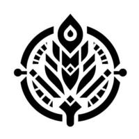 Geometric Black and White Circular Emblem featuring a central stylized wheat stalk, surrounded by a with a raindrop, reminiscent of crop circles. vector