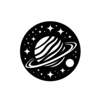 Black and white circular illustration of a striped planet with rings, stars, and a moon, representing cosmic and space themes. vector