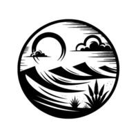 A Stylized Black White Circular Landscape Depicting Mountains, Clouds, and Plants, Evoking a Serene Natural Scene. vector