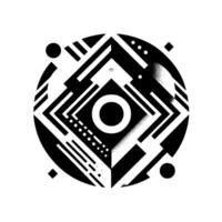 Abstract Black and White Geometric A Symmetrical Composition with Circles, Squares, and Lines, Central Focus. vector