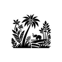 Stylized Black and White Jungle Scene with Elephant, Palm Tree, and Tropical Foliage, Isolated on White. vector