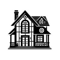 Classic Black and White Illustration of a TwoStory House with Gabled Roof, Porch, Chimney, and Windows, in a Style vector