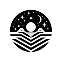 Minimalist Circle Composition Nightscape with Moon, Stars, Mountains, and Linear Landscape Elements. vector