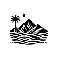 Monochromatic linocutstyle landscape with palm tree, mountains, wavy terrain, sun, and geometric aesthetic. vector