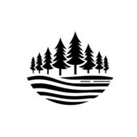 Simplified black and white of coniferous forest silhouette growing on a layered, stylized terrain, all against a white background. vector
