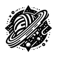 Stylized Black White Illustration of a Striped Planet with Rings, Stars, and Geometric Elements in a Circular Composition. vector