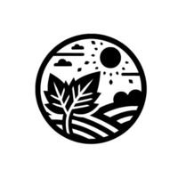 Circular minimalist illustration of a stylized leafy plant in a field under a sunny sky with clouds, a cutpaper effect. vector