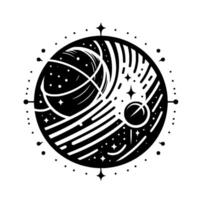 Stylized Black and White Cosmic Intertwined Planets and Stars within a Circular Frame, Evoking a Sense of Wonder. vector