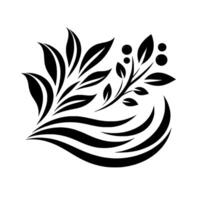 Black and White Floral Stylized leaves, berries, and curved lines, creating a symmetrical and decorative natureinspired composition on a white background. vector
