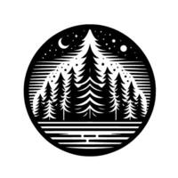 Black and White Circular Forest Scene Coniferous Trees, Night Sky with Moon and Stars, Symbolic Mountainous Landscape. vector