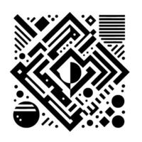 Abstract geometric composition in black and white, featuring intricate lines, shapes, and a central diamondlike structure. vector