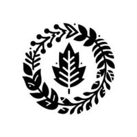 Minimalist Black and White Illustration of a Circular Foliage Wreath Enclosing a Centered Stylized Leaf, Evoking Natures Embrace. vector
