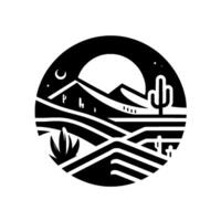 Monochromatic landscape illustration within a circle, featuring desert scene with moon, mountains, saguaro cactus, and minimalist composition. vector