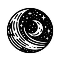 Circular Black and White Illustration Crescent Moon, Stars, and Swirling Cosmic Elements within a Bold . vector